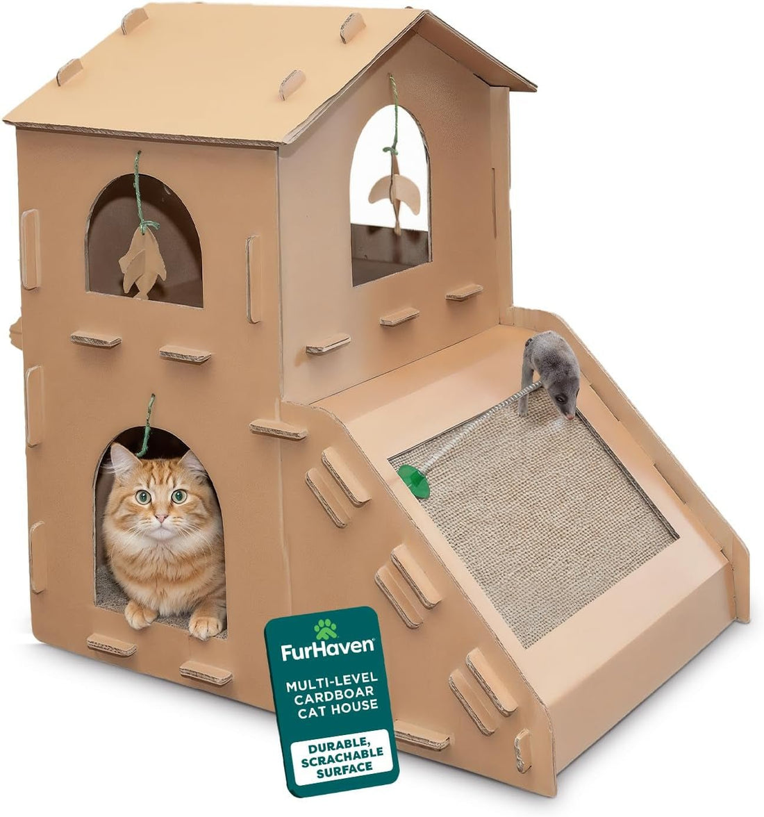 Townhouse Multi - Level Cardboard Cat House for Indoor Cats with Catnip & Toys, Double - Walled Corrugated Scratcher Designed for Lounging, Play & Comfort, One Size, Cardboard, Brown - PetOhPets
