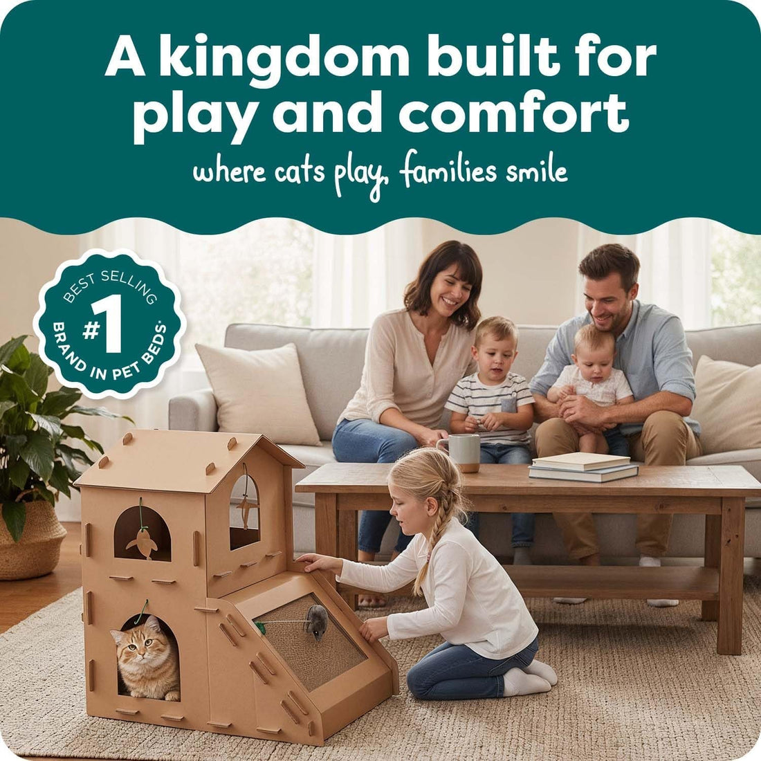 Townhouse Multi - Level Cardboard Cat House for Indoor Cats with Catnip & Toys, Double - Walled Corrugated Scratcher Designed for Lounging, Play & Comfort, One Size, Cardboard, Brown - PetOhPets